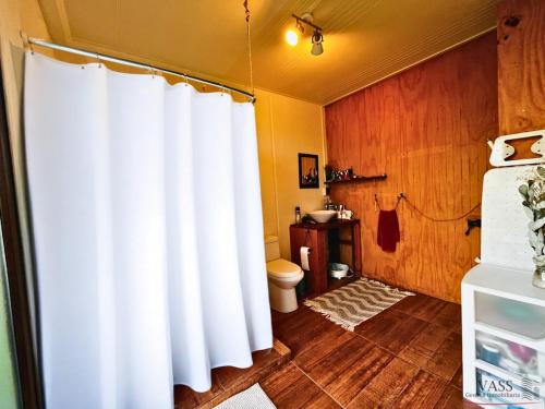 巴拉斯港Casa con vista a los volcanes y Lago Llanquihue的带马桶和白色浴帘的浴室