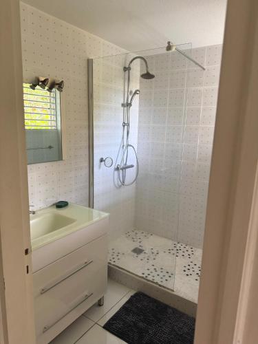 Résidence Oncle Sam في لو جوسيير: حمام مع دش وحوض استحمام ومغسلة