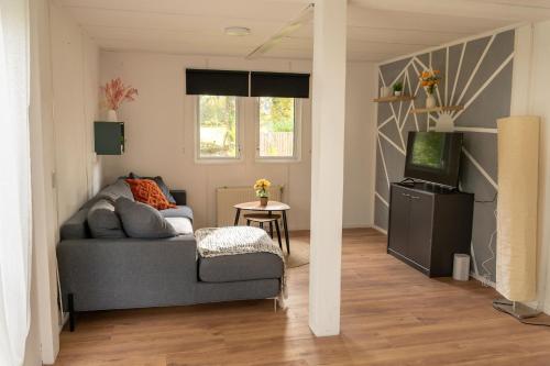 Una sala de estar con un sofá y un televisor. en Chalet Bosgeluk - close to the woods, en Anloo
