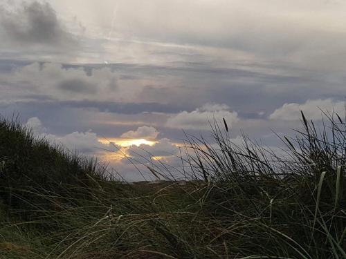 a cloudy sky over a beach with tall grass at 4 star holiday home in Ringkøbing in Ringkøbing