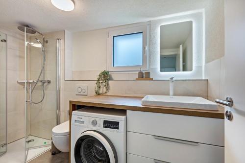 a bathroom with a washing machine and a sink at Kleine Auszeit in Rheinfelden