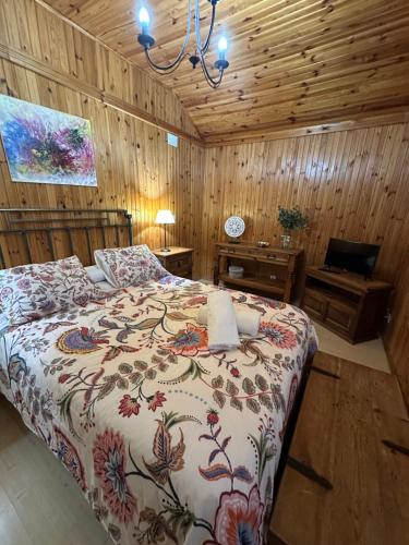 une chambre avec un lit dans une pièce aux murs en bois dans l'établissement Apartamentos LA CASONA DE JARAIZ, à Jaraiz de la Vera