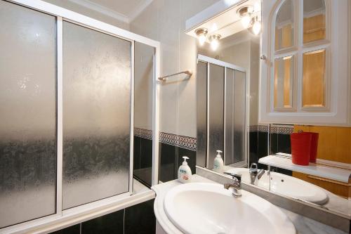 a bathroom with a shower and a white sink at Xavega Apartment Torreira in Torreira