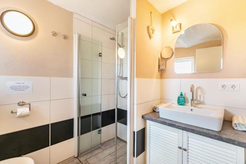 une salle de bain avec douche et lavabo dans l'établissement Fördehof Petersen - Zur Linde, à Westerholz