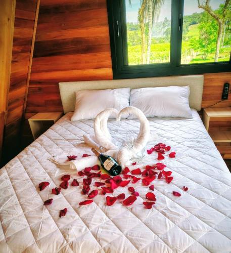 two swans making a heart with roses on a bed at Cabanas Laurita BG in Bento Gonçalves
