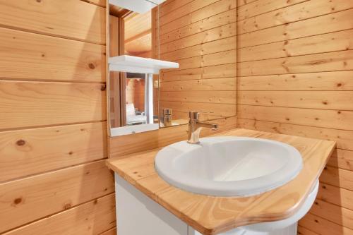 a bathroom with a white sink and wooden walls at Joli Chalet en bois in Roquebrune-sur-Argens