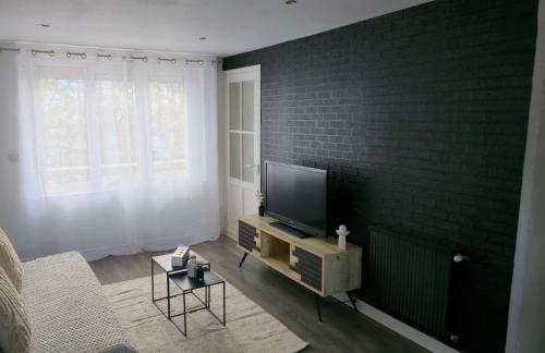 サン・ナゼールにあるEscale Atlantiqueのレンガの壁にリビングルーム(薄型テレビ付)