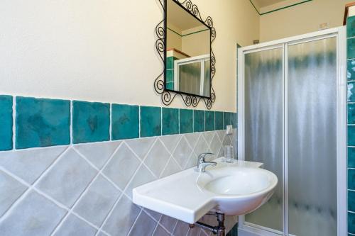 une salle de bain avec un lavabo et une douche dans l'établissement Casolare dei Fiori - Le Ortensie, à Montecarlo