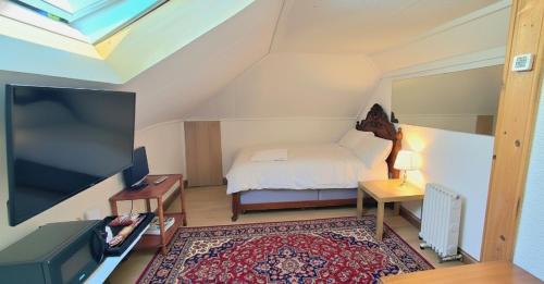 a small bedroom with a bed and a tv at Glasgow Grand Central House in Glasgow