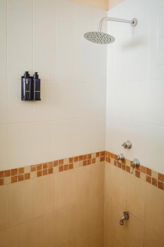 a bathroom with a shower with brown tiles and a light at Guest house La Casa del Quetzal in Mérida