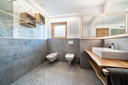 a bathroom with a sink and a toilet at Haughof Apartement Blumenwiese in Verano