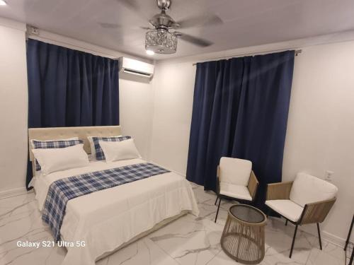 Baboon IslandVilla View -Cozy Retreat的一间卧室配有一张床、两把椅子和一个吊扇