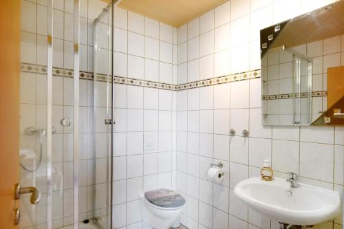 Un baño con ducha, lavabo e inodoro. en Fewo 2, en Friedrichswalde