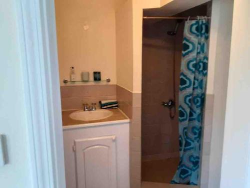 un baño con lavabo y ducha en Maison Mayo, en Rodney Bay Village