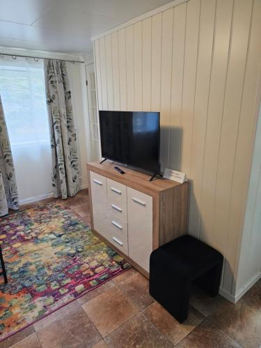 a living room with a flat screen tv on a cabinet at Apartment at Lofoten. Mølnarodden. in Sund