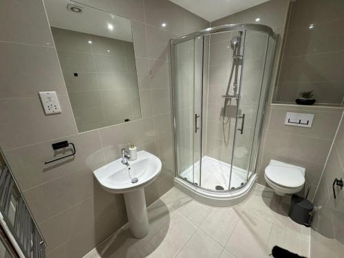 a bathroom with a shower and a sink and a toilet at Luxury 2-Bed 2-Bath Penthouse with Terrace in Harrow