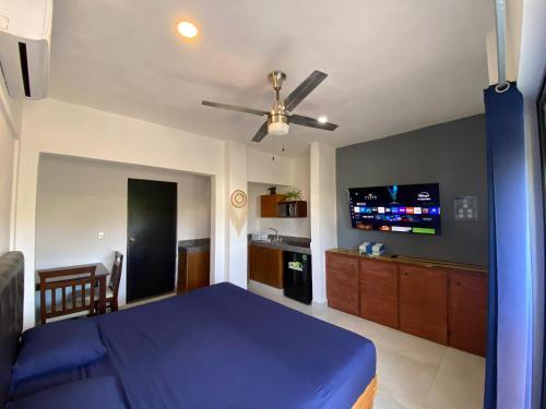 a bedroom with a blue bed and a ceiling fan at Maui Hostels Playa del Carmen in Playa del Carmen