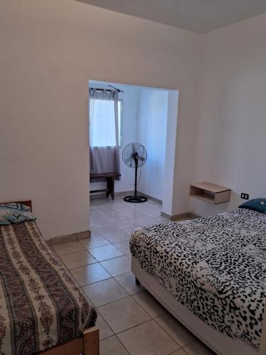 a bedroom with two beds and a room with a fan at La Elena in La Rioja