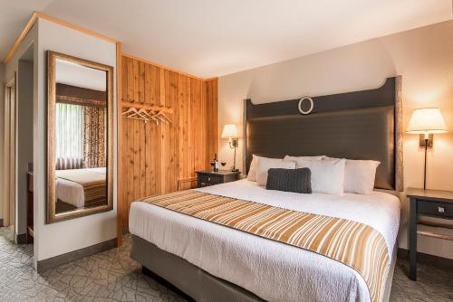 una camera d'albergo con un grande letto e uno specchio di McKinley Chalet Resort a McKinley Park