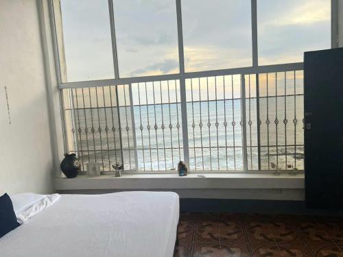 een slaapkamer met een groot raam met uitzicht op de oceaan bij Artola Beach Rentals Advisors in La Boquita