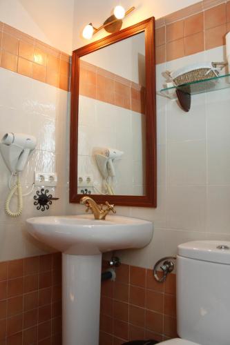 a bathroom with a sink and a mirror and a toilet at Finca El Encinar in Pedro Muñoz