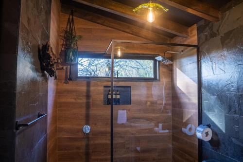 a bathroom with a shower with a glass door at Lodge para parejas con jacuzzi hidromasaje in Panguipulli