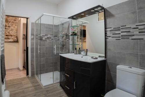 une salle de bain avec douche, lavabo et toilettes dans l'établissement Gite du moulin - Ariège, à Carla-de-Roquefort