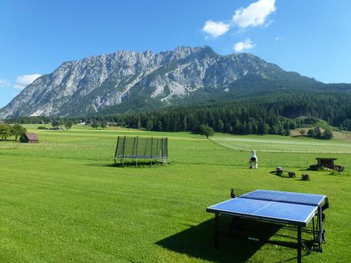a ping pong table in a field with a mountain at Almdorf im Winkl - Blockhüttendorf in Gröbming in Gröbming