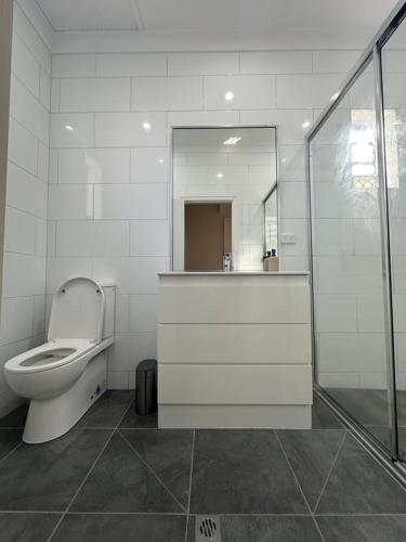 ein weißes Badezimmer mit Toilette und Spiegel in der Unterkunft Riverston Loft in Rockhampton
