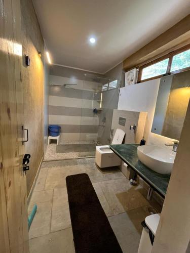 a bathroom with a sink and a toilet and a mirror at Villa Himalayan Trove in Jāmb