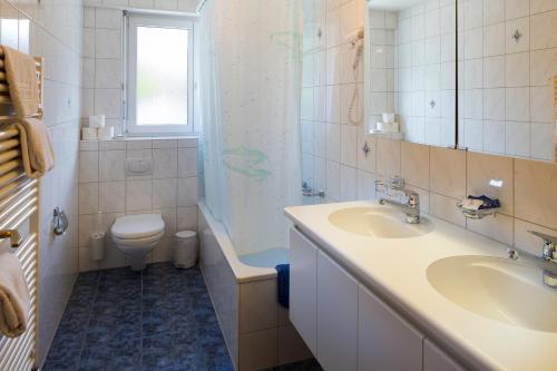 ein Bad mit einem Waschbecken, einem WC und einer Dusche in der Unterkunft Hotel Sörenberg in Sörenberg