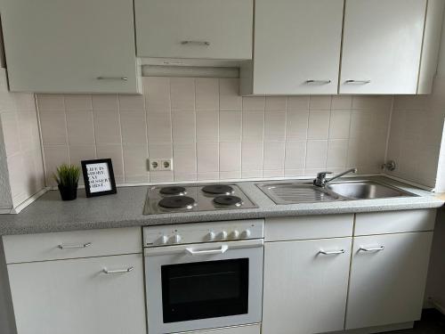cocina con armarios blancos, fogones y fregadero en Living Lu - cosy Apartment one - Netflix - Mannheim - BASF - 1 Zimmer, en Ludwigshafen am Rhein