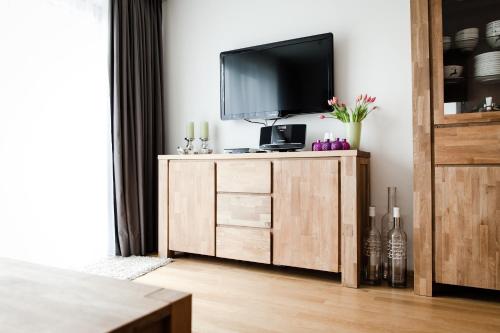 a living room with a television on a wooden cabinet at Appartement Hauser Kaibling in Haus im Ennstal