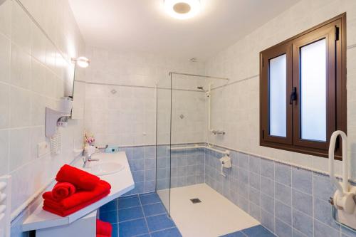 ein Badezimmer mit Waschbecken und Glasdusche in der Unterkunft Maison Tournesol in Escloux