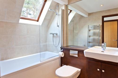 a bathroom with a toilet and a sink and a shower at The Bridge Hotel Self Catering in Buttermere