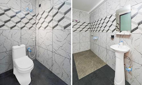 two pictures of a bathroom with a toilet and a sink at Golden Sky in Noida