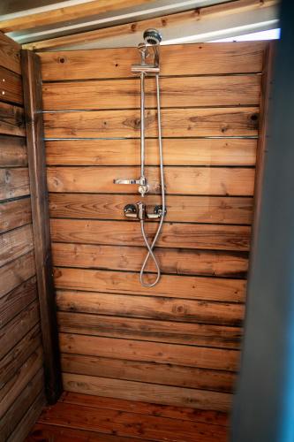 a bathroom with a wooden wall with a shower at Altitude Ecolodge Yourte in Ilonse