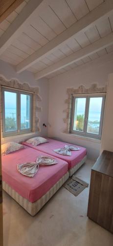 two beds in a room with two windows at Villa Bianca in Ferma
