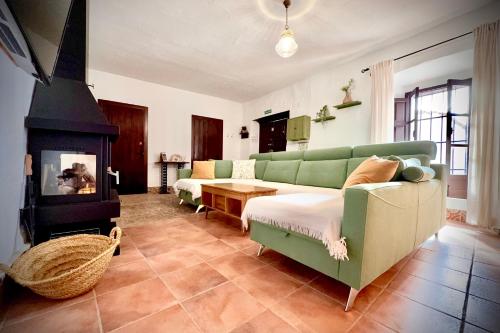 a living room with a green couch and a fireplace at La Damajuana in Linares de la Sierra