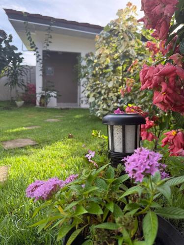 a garden with a light in the middle of flowers at Cozy Apartment 8 minutes from Downtown David - Private Entrance Garden in Aguacatal