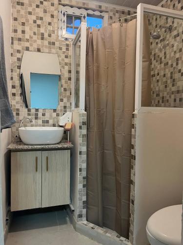 a bathroom with a sink and a shower at Cozy Apartment 8 minutes from Downtown David - Private Entrance Garden in Aguacatal