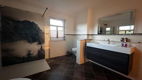 un bagno con lavandino, WC e specchio di Ferienwohnung Zahn a Markersbach
