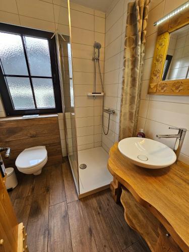 a bathroom with a toilet and a sink and a shower at Feriendorf Hochbergle Haus 34 in Lechbruck