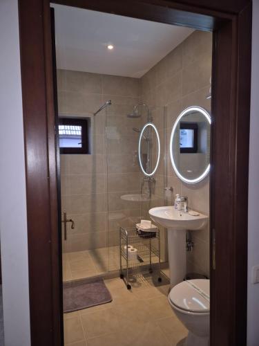 a bathroom with a shower and a toilet and a sink at Pensiunea Morii in Cristian