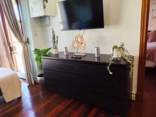 eine schwarze Kommode mit einem TV darüber in der Unterkunft Flor de Lis in Medina de Pomar