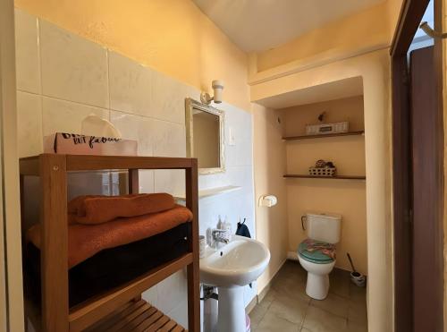 a small bathroom with a sink and a toilet at Gite La Forge in Le Buisson de Cadouin