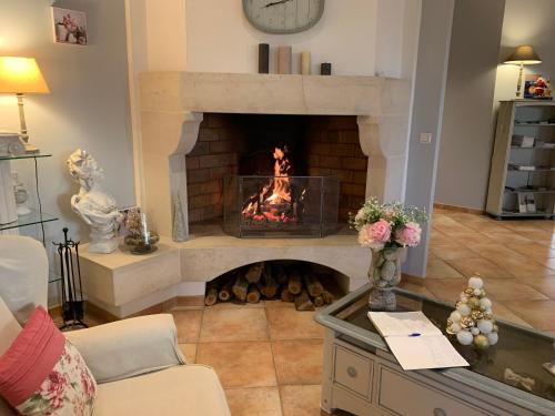 カルカソンヌにあるHôtel La Bastide Saint Martinの暖炉付きのリビングルーム