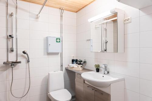 a bathroom with a toilet and a sink and a shower at Modern Aurora Apartment with Sauna - Rovaniemi by Book Lapland in Rovaniemi