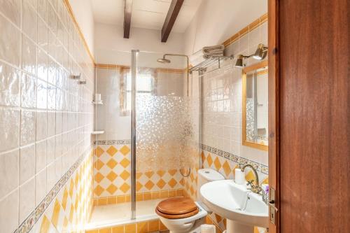 a bathroom with a toilet and a sink and a shower at Son Pou in Sencelles