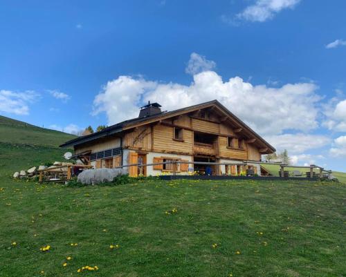 a wooden house on a hill in a field at Grand Chalet - Coeur de la montagne in Mont-Saxonnex